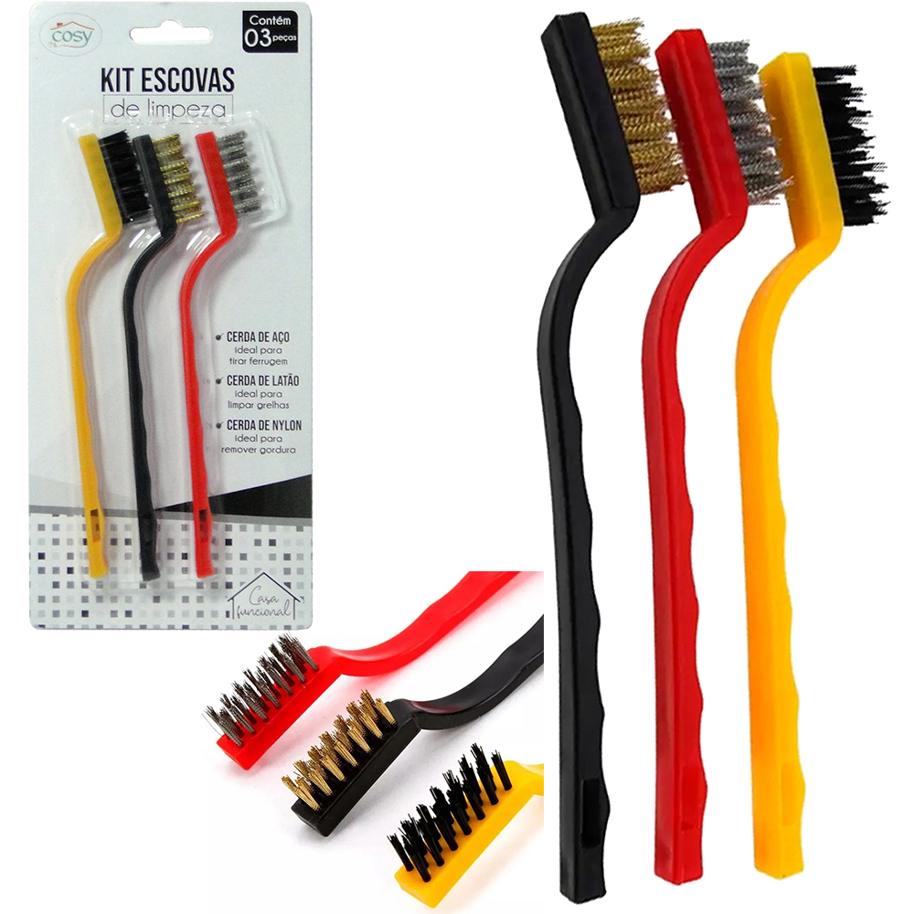 Escovas de Aço Multiuso Kit Com 3 Pcs Aço Latão Nylon Cabo Plástico
