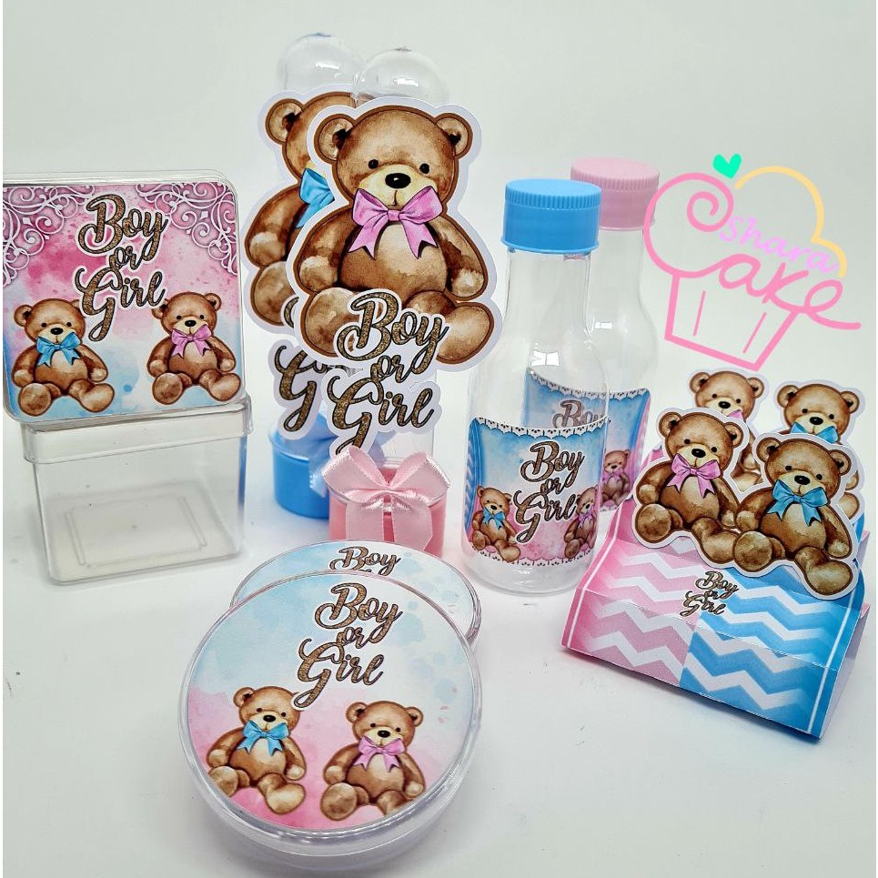Kit Festa Chá Revelação (Boy or Girl) Ursinhos Aquarela Azul e Rosa - 50 Peças