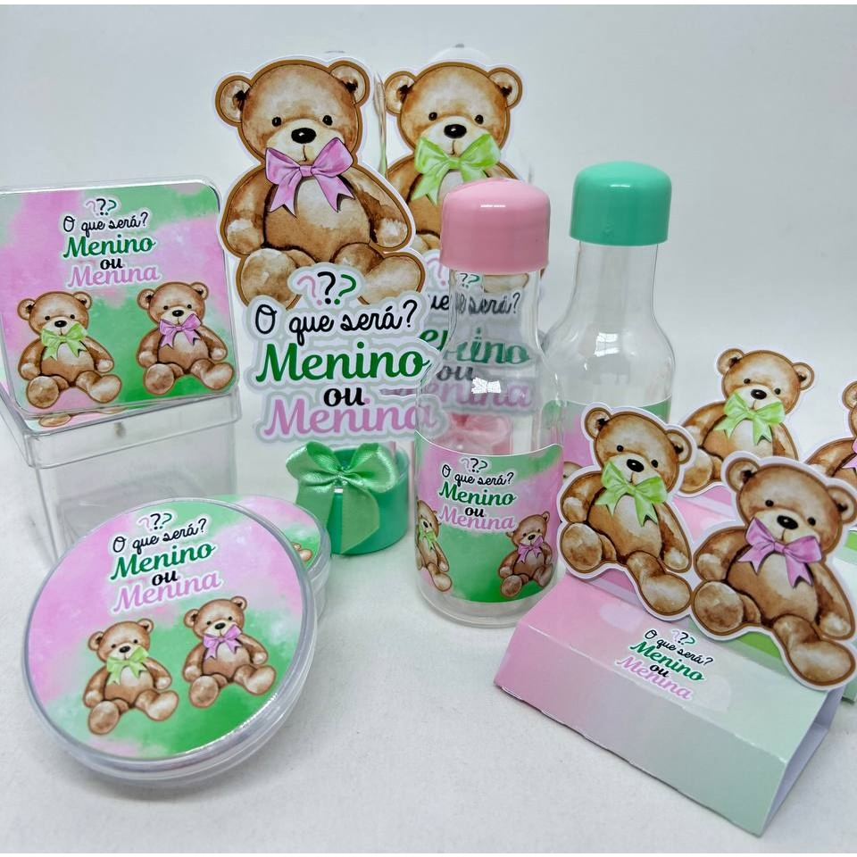 Kit Festa Chá Revelação Ursinhos Aquarela Verde e Rosa - 50 Peças