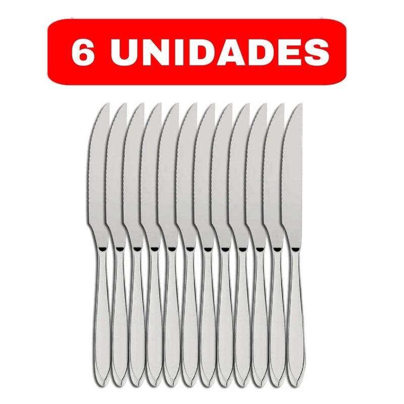 Kit 6 Facas De Mesa Churrasco Inox Para Casa, Bar, Restaurante, Pizzaria, Buffet