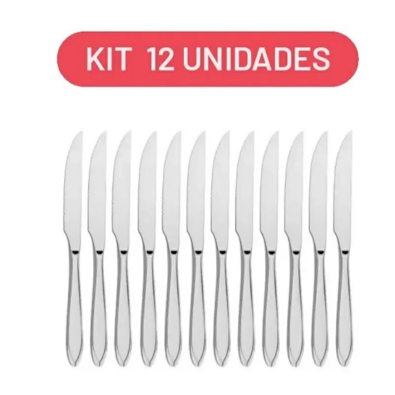 Kit 12 Facas De Mesa Churrasco Inox Para Casa, Bar, Restaurante, Pizzaria, Buffet