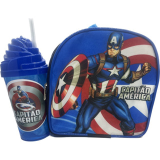 kit mochila mais copo com canudo do capitão América