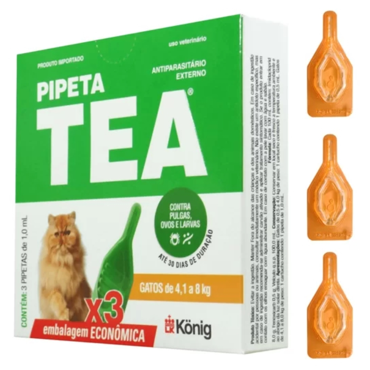 Pipeta Tea 1ml Antipulgas para Gatos de 4,1 a 8kg 3 Pipetas