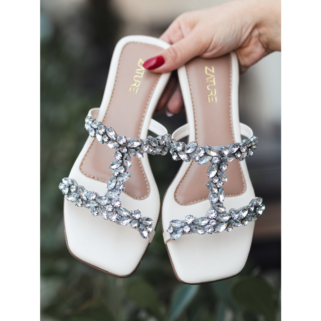 Sandália Rasteirinha Feminina Pedraria Dourada Tira em H Luxo Confortável Chinelo - Women Shoes