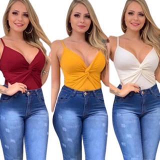Kit 5 Body Feminino Trançado Canelado Com Bojo Bory