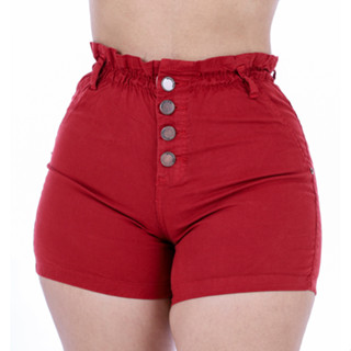 Short Brim Vermelho Cintura Alta Com Cós de Elástico