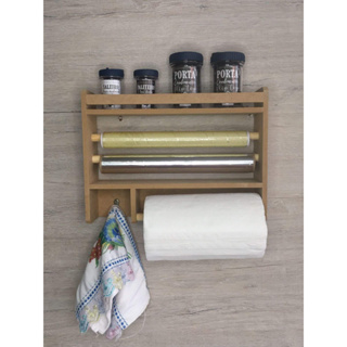 Suporte porta tempero cozinha condimentos organizador 3 em 1 papel toalha filme aluminio parede madeira em Oferta na Shopee
