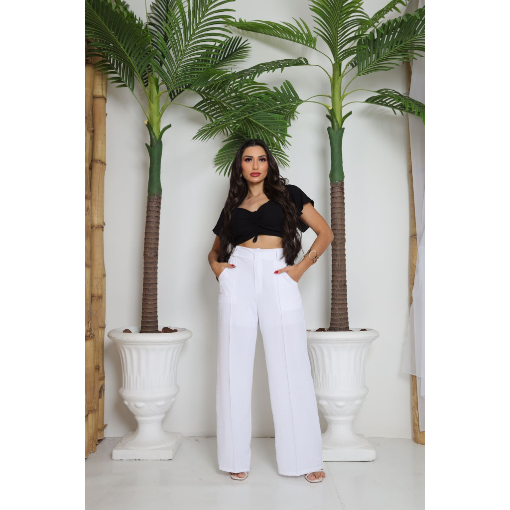 Calça Pantalona Alfaiaria  com Botão duna social alfaiataria com bolso cintura alta Tendência 2024