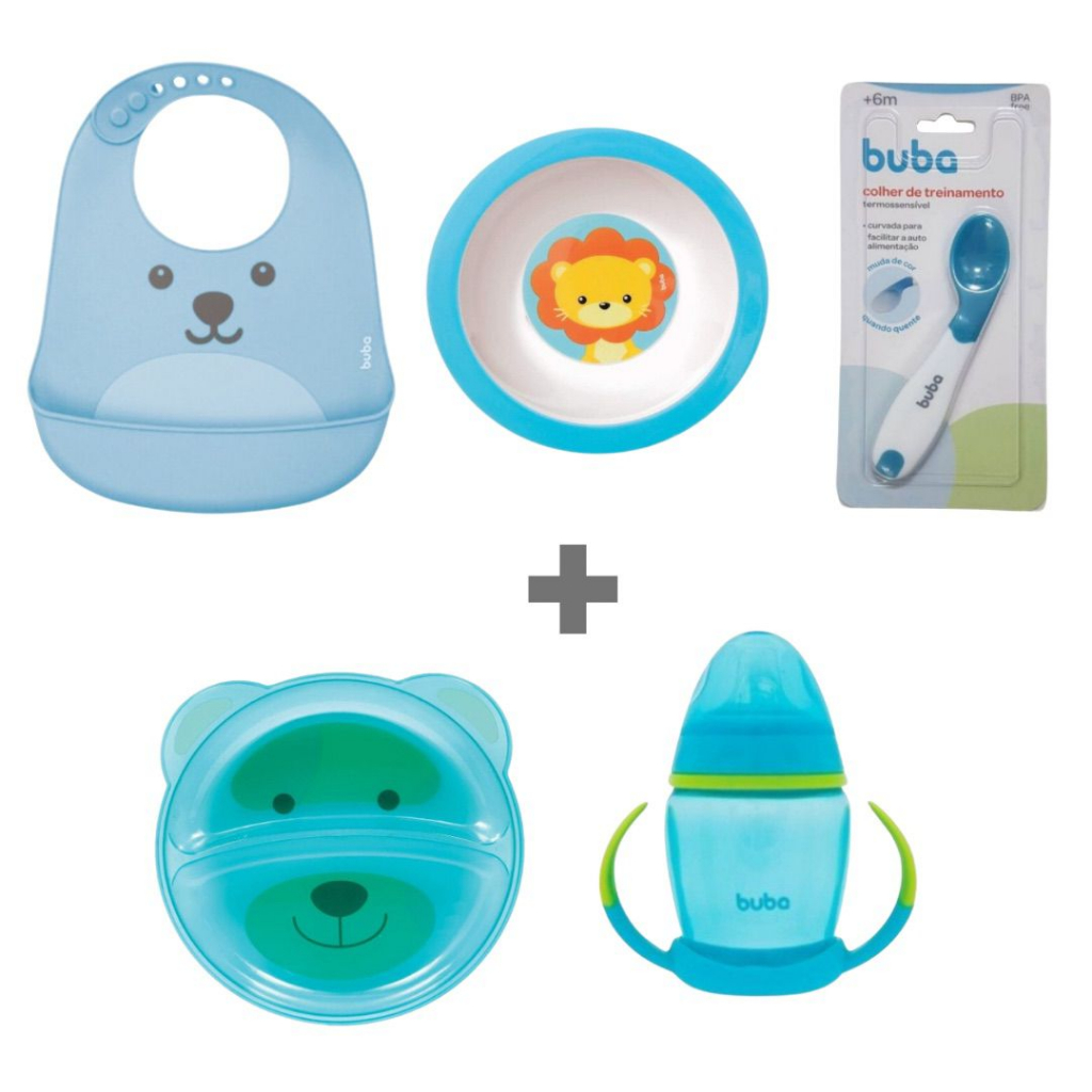 Kit Introdução Alimentar Buba com Prato de urso com divisórias, Prato Bowl (tigelinha), Babador Silicone Pega Migalhas, Colher Termossensível e Copo Infantil de Treinamento com bico de silicone Leão Leãozinho Azul Menino em Oferta na Shopee