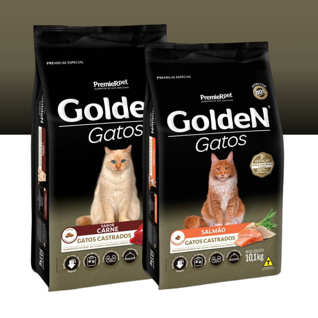 Ração Para Gato Adulto Castrado Golden 10kg Sabores Salmão ou Carne