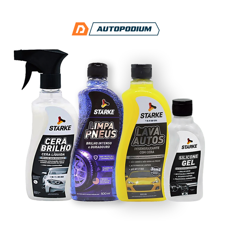 Kit Limpeza Automotiva Premium 1 Cera Alto Brilho + 1 Shampoo Automotivo + 1 Silicone Automotivo + 1 Pretinho de Pneu