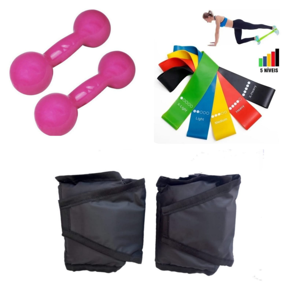 Combo Treine em Casa Halter 2 kg + Caneleira 2 kg + kit Faixa Elástica Theraband