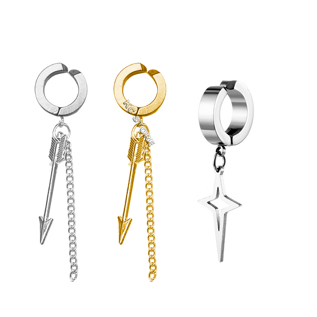 Par brinco de pressão masculino feminino pingente flecha cruz crucifixo prata prateado em aço inox estilo fank funk com corrente corretinho