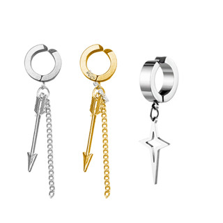 Par brinco de pressão masculino feminino pingente flecha cruz crucifixo prata prateado em aço inox estilo fank funk com corrente corretinho