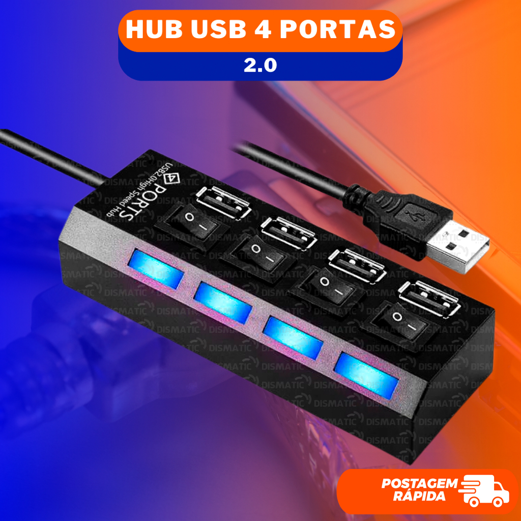 HUB USB 2.0 4 Portas Chave Liga Desliga Led Indicador Extensão Usb Pen Drive Teclado Mouse Dados Velocidade 480 Mbps Régua Usb