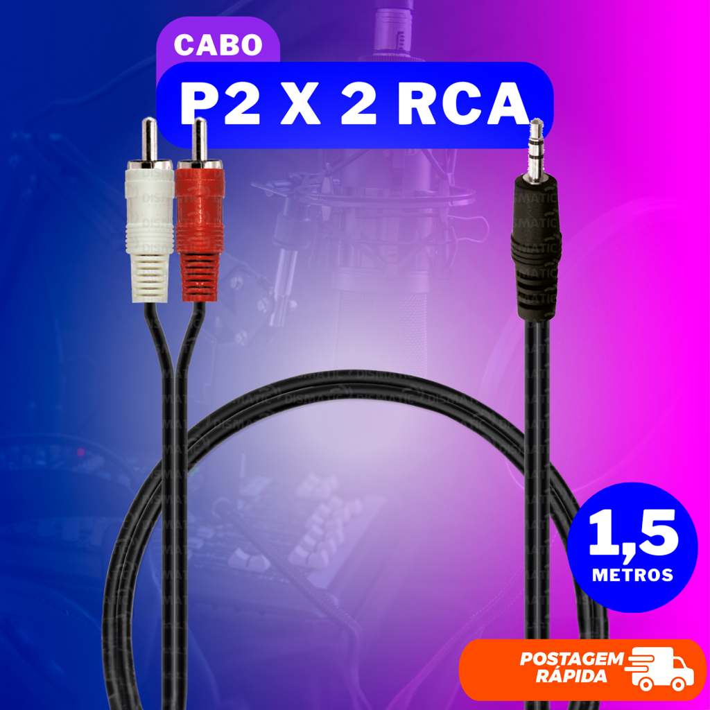 Cabo Auxiliar P2 Macho x 2 RCA Macho 1,5m Para Som Tv Home Theater Áudio Custo Benefício Qualidade Dourado Caixa de Som