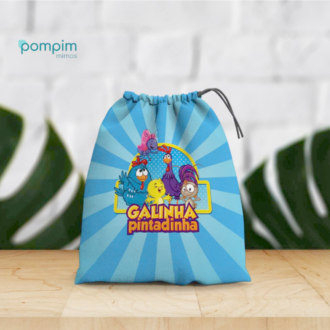 Kit Lembrancinha Sacolinha Surpresa Galinha Pintadinha de tecido personalizado, para festas e aniversários.