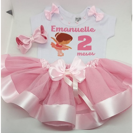 Body personalizado para mesversario ou aniversário com saia tutu e laço Bailarina.