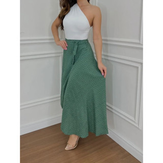 Saia envelope moda feminina em viscose estampa POÁ (FUNDO VERDE PISTACHE)
