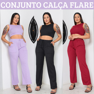 Conjunto Feminino Calça Pantalona e Cropped Canelado Calca Feminina Flare Blusa Feminina Regata 5 Cores Preto Lilas
