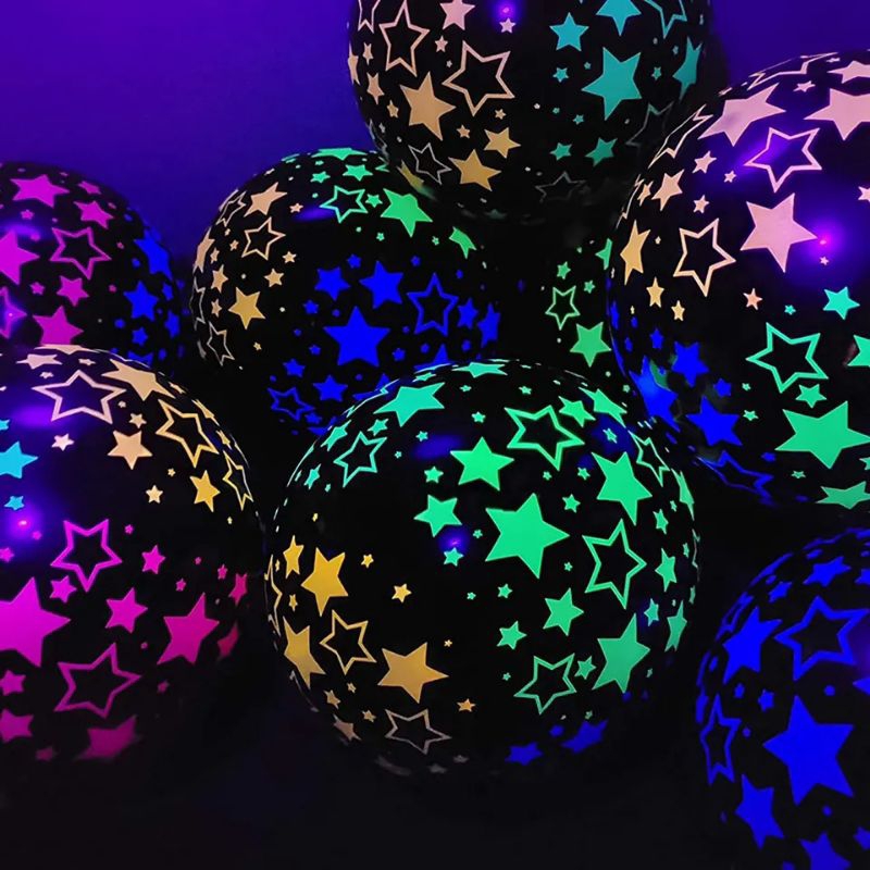 bexiga balão preto com estrela pacote com 100 peças balão inflável neon que brilha na luz negra 12 polegadas