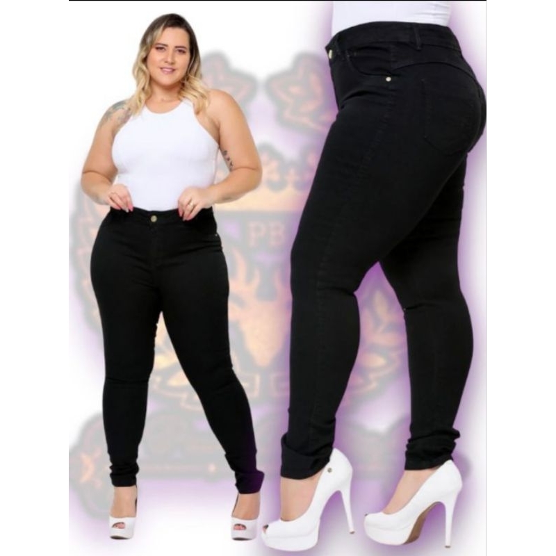calça jeans feminina preta plus size com laycra wissam jeans