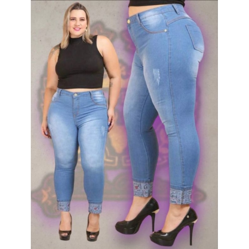 calça jeans feminina skinny barra love plus size com laycra wissam jeans