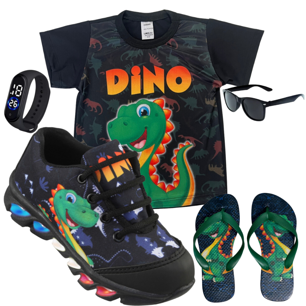 Kit tenis de LED infantil Dinossauro masculino mais Chinelo mais Camisa mais Relogio e Oculos