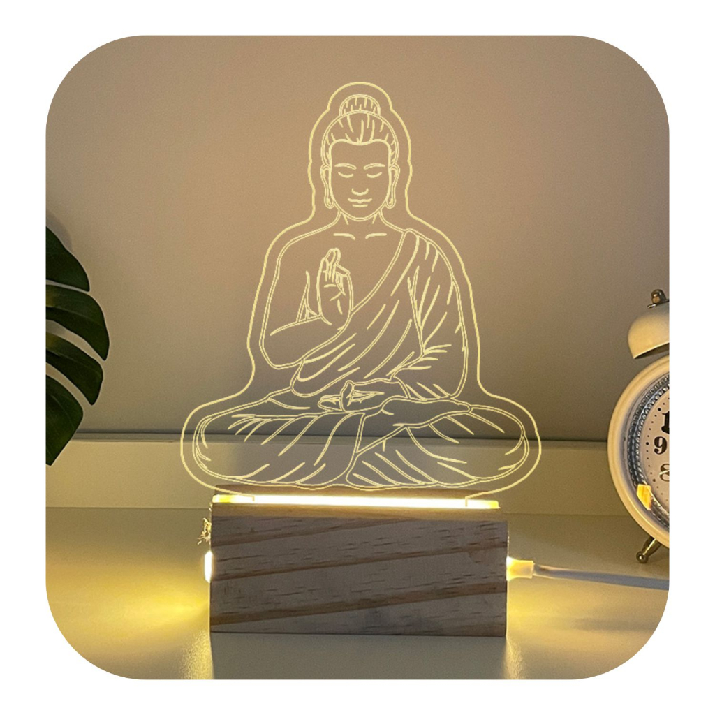 Luminária de Mesa Budismo Buda Em Madeira Luz Acrílico Luxo Quarto Decorativo Led