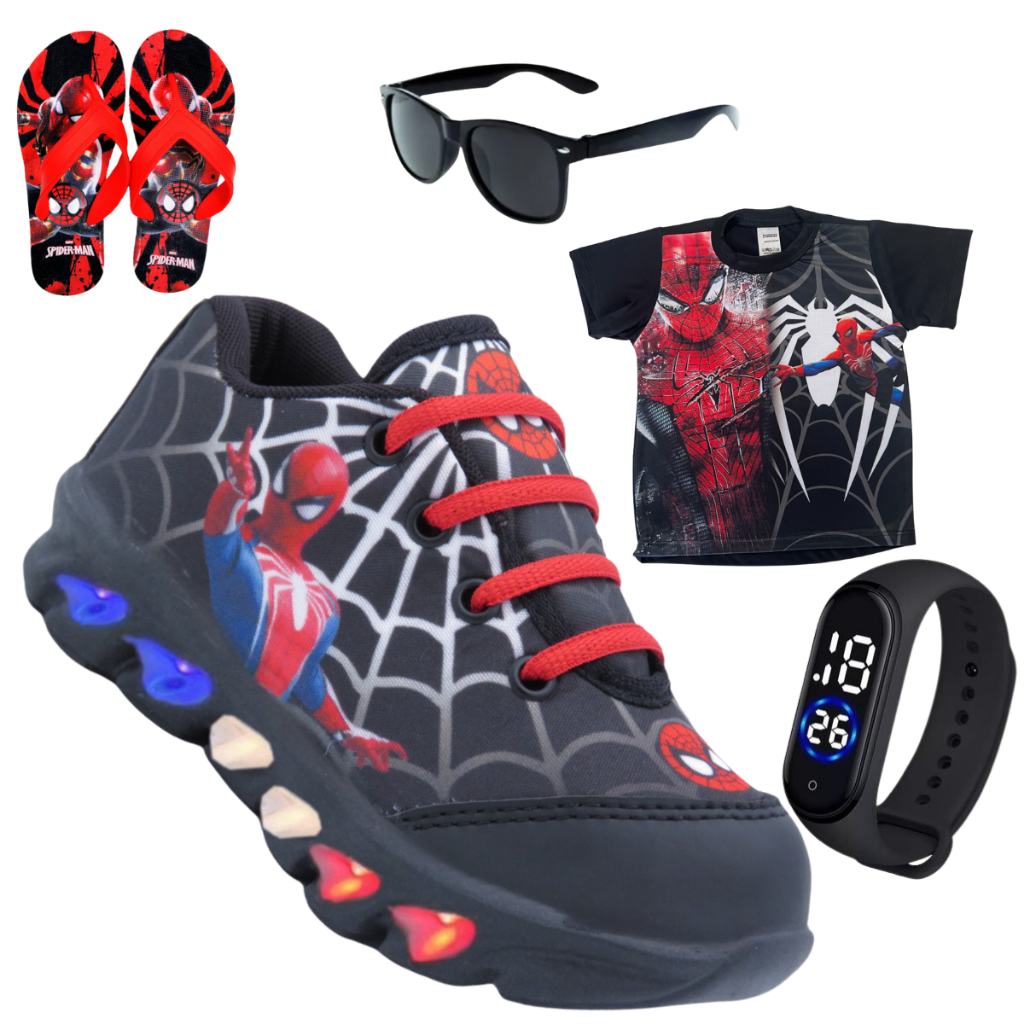 kit tenis de LED infantil Homem Aranha masculino mais chinelo mais camisa mais relogio e oculos presente natal em Oferta na Shopee