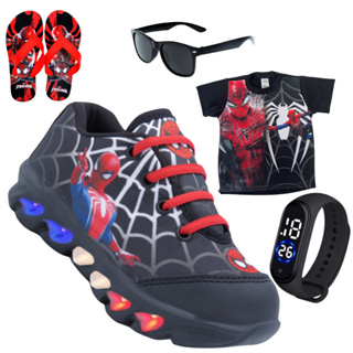 kit tenis de LED infantil Homem Aranha masculino mais chinelo mais camisa mais relogio e oculos presente natal em Oferta na Shopee
