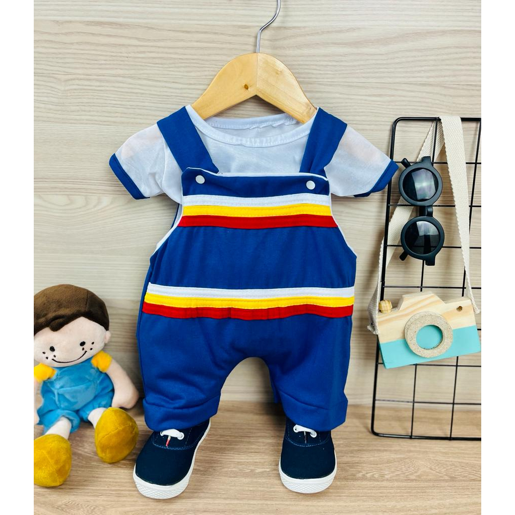 Jardineira Listrada + Camisa de Algodão de Bebe