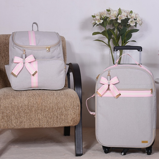 Kit Mochila + Mala de Rodinha  Linho Off/Rosa - 02 Peças