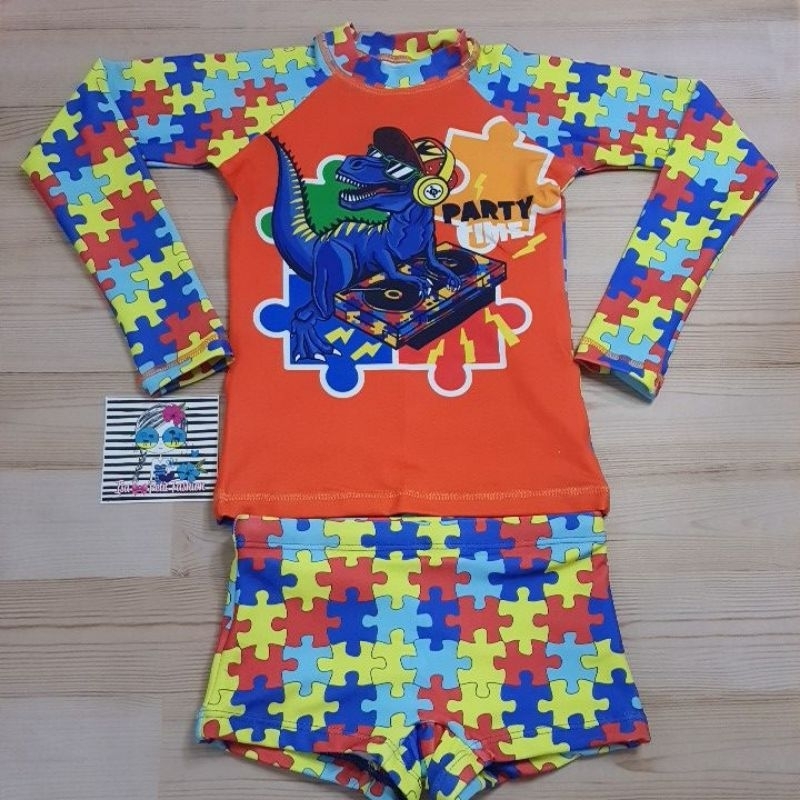 Conjunto Autismo Roupa de Praia Infantil Menino com Proteção Solar UV50+ Blusa e Sunga Boxer Menino Infantil Juvenil Piscina