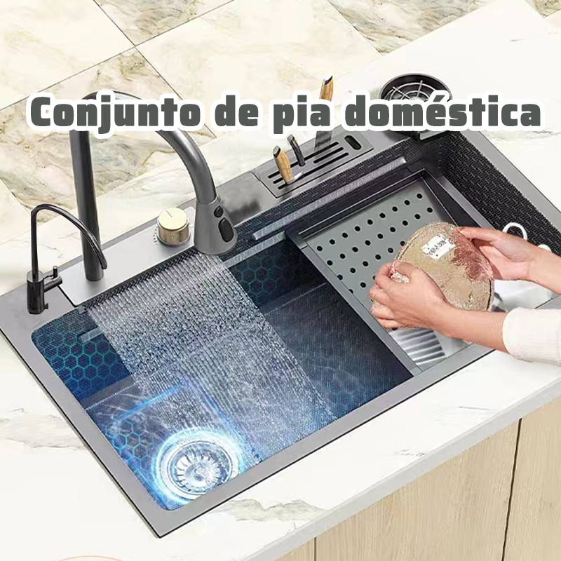 Kit Cuba Cozinha Gourmet Aço Inox C/ Torneira Flexível Preto 75x45x20 cm