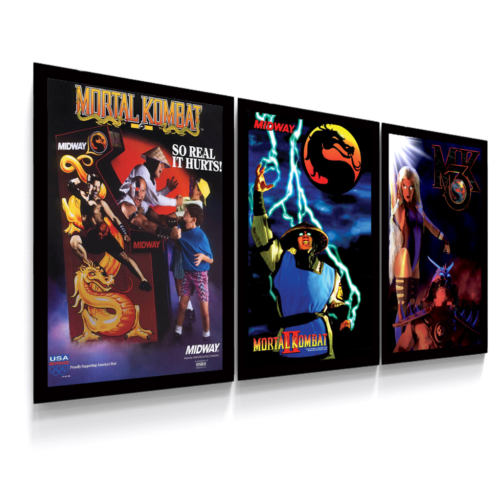 3 Quadros Decorativos Poster Trilogia Mortal Kombat Super Nintendo Nes Tamanho 42x90 cm