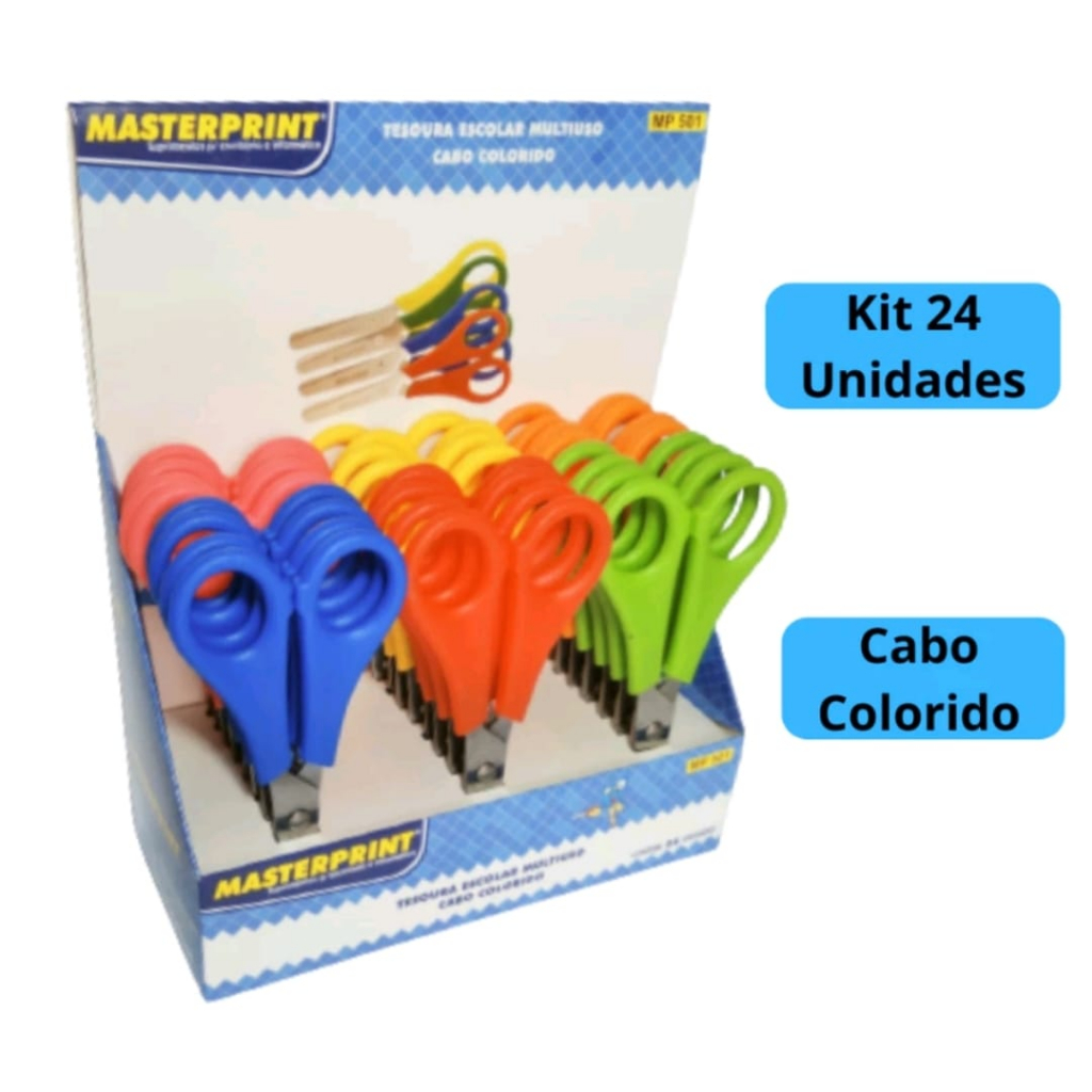 Kit 24 Tesoura Escolar Infantil 13cm Sem Ponta Cabo Colorido Masterprint Varias Cores