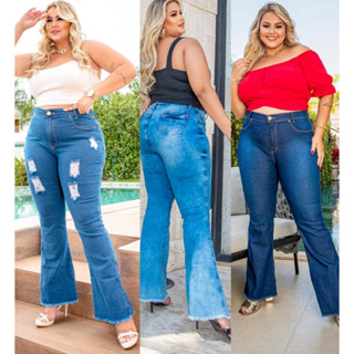 CALÇA JEANS PLUS SIZE FLARE LEVANTA BUMBUM COM LYCRA 48 AO 54