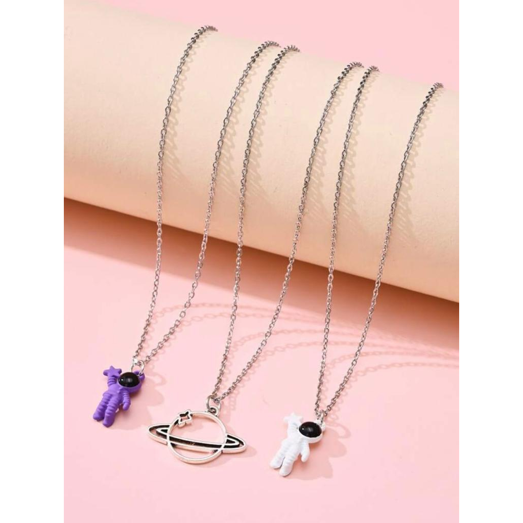 Colar Planeta, Estrela e Lua Temático, Conjunto de Colares, Colar Astronauta, Prata Aço Inoxidável, 3 Peças de Colar Casal, Unissex, Colar Melhores Amigos, Best Friend,  Feminimo e Masculino, Moda Estilo Fashion