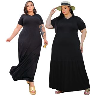 Vestido Midi Longo Elegante Liso Com Decote V Mangas Curtas Festa Casamento Evangélica
