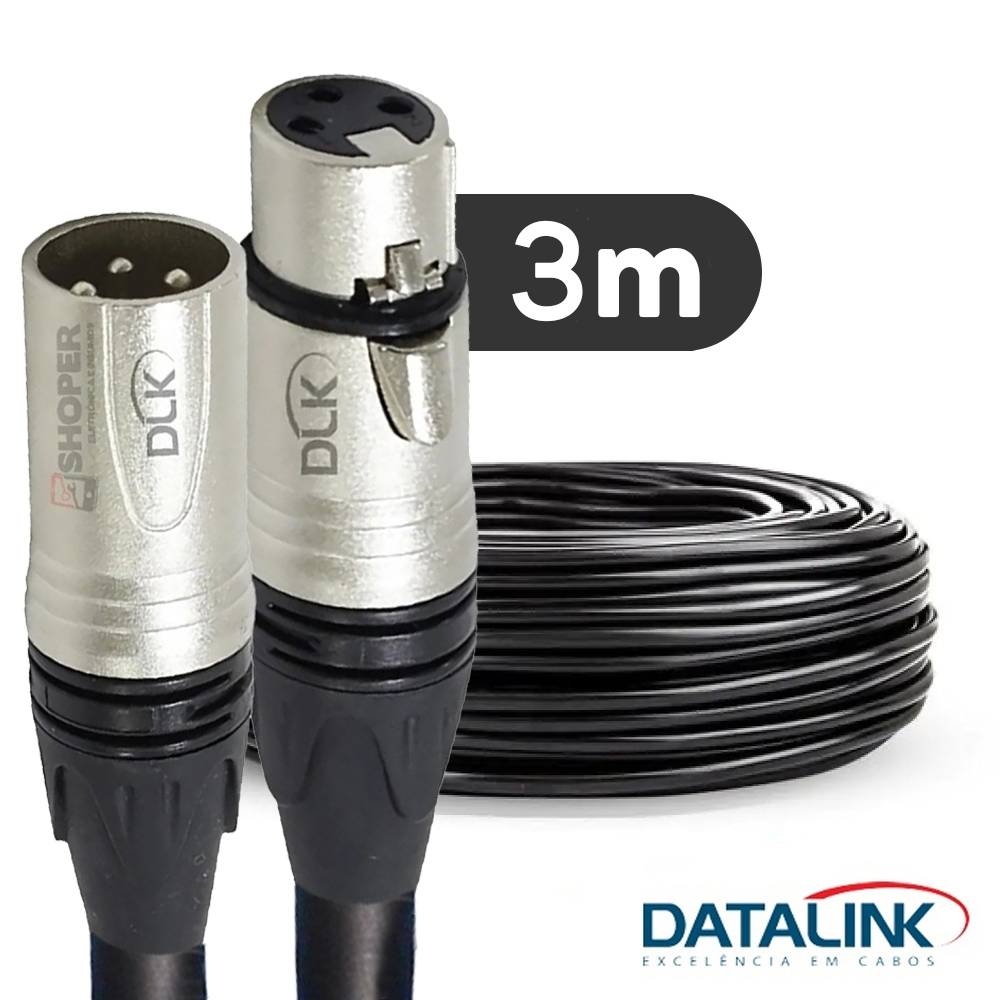 3 Metros Cabo XLR Profissional Balanceado - Datalink - Cabo 3 Metros Para Microfone XLR Macho e Fêmea