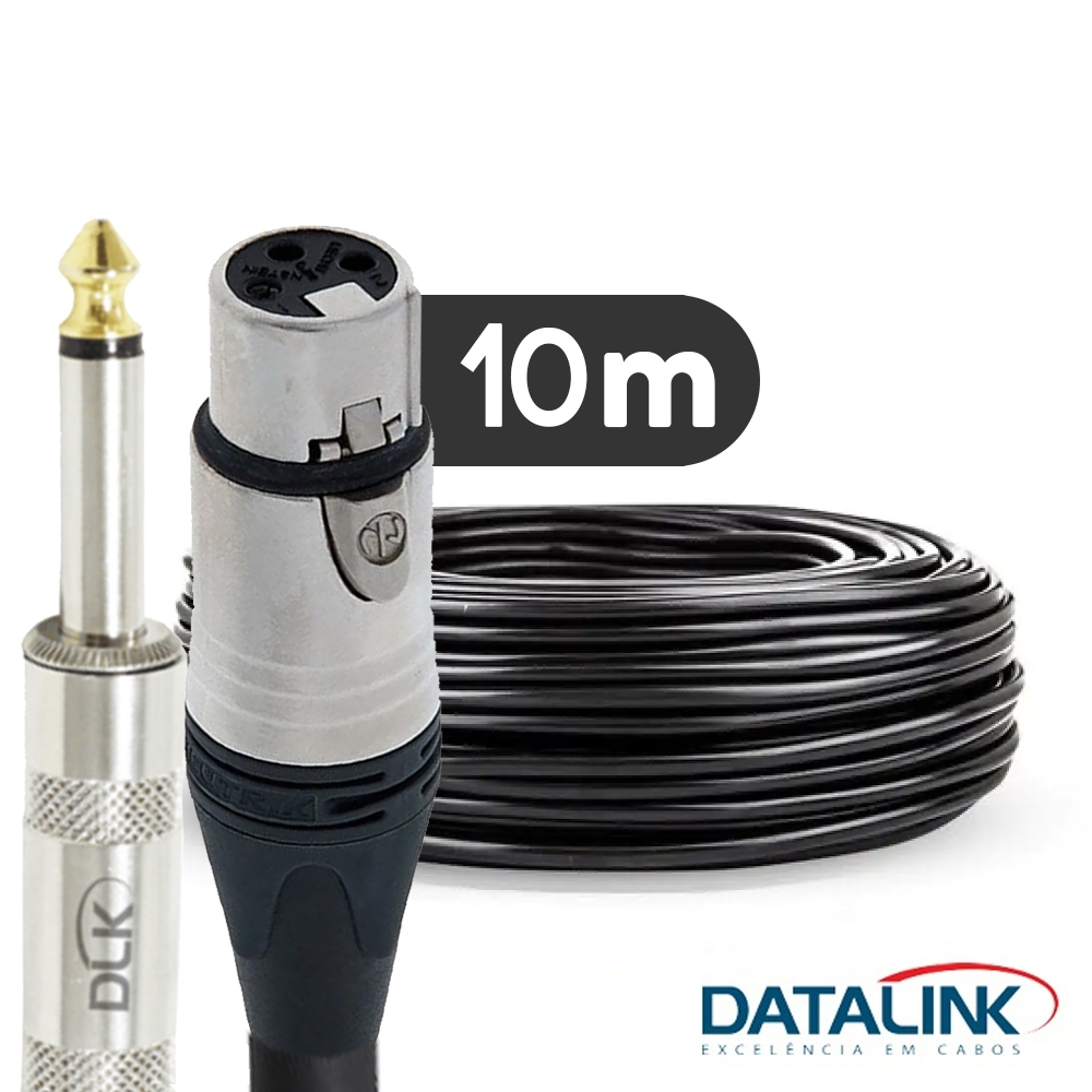 10 Metros Cabo P10/XLR - Cabo Profissional Montado Datalink P10 Mono XLR Fêmea