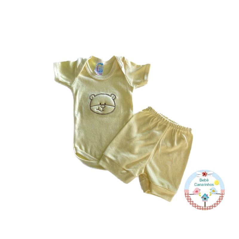 kit Conjunto Shorts e Body Manga Curta Bordado Alto Relevo 3D 100% Algodão Suedine para Bebês. Menino e Menina
