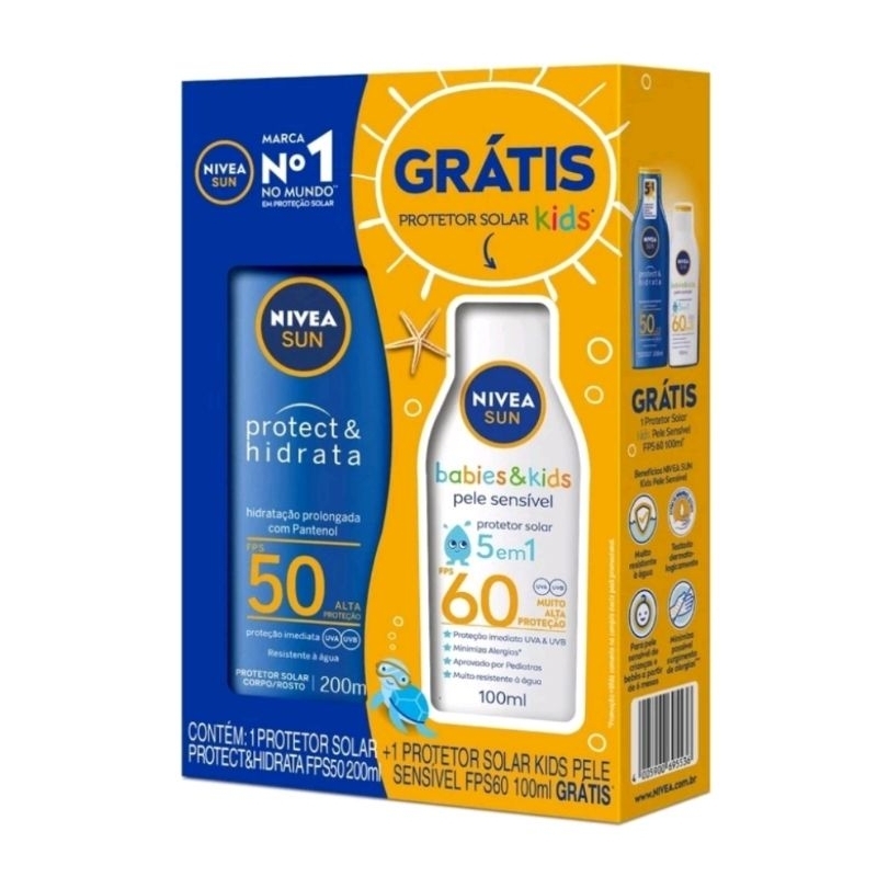 Kit Protetor Solar Corporal Nivea Kids Protect & Hidrata FPS50 200mL + Sensitive Kids FPS60 100