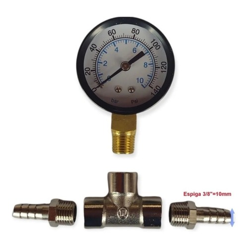 1 PEÇA - KIT - Manômetro ROSCA 1/4"  +  Tee femea ROSCA 1/4" + Espigão MACHO ROSCA 1/4"
