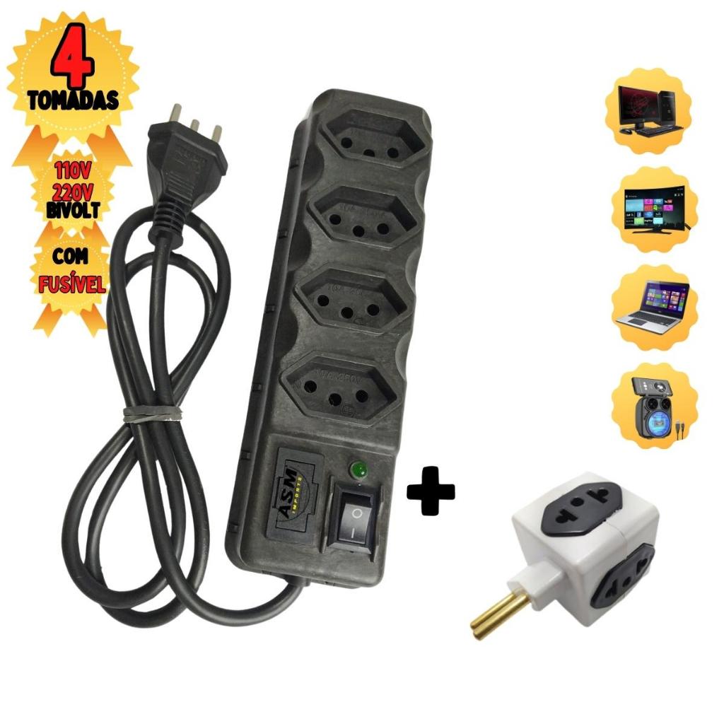 Regua Eletrica 4 Tomadas Filtro de Linha 10A Bivolt + Adaptador de Tomadas em Cubo