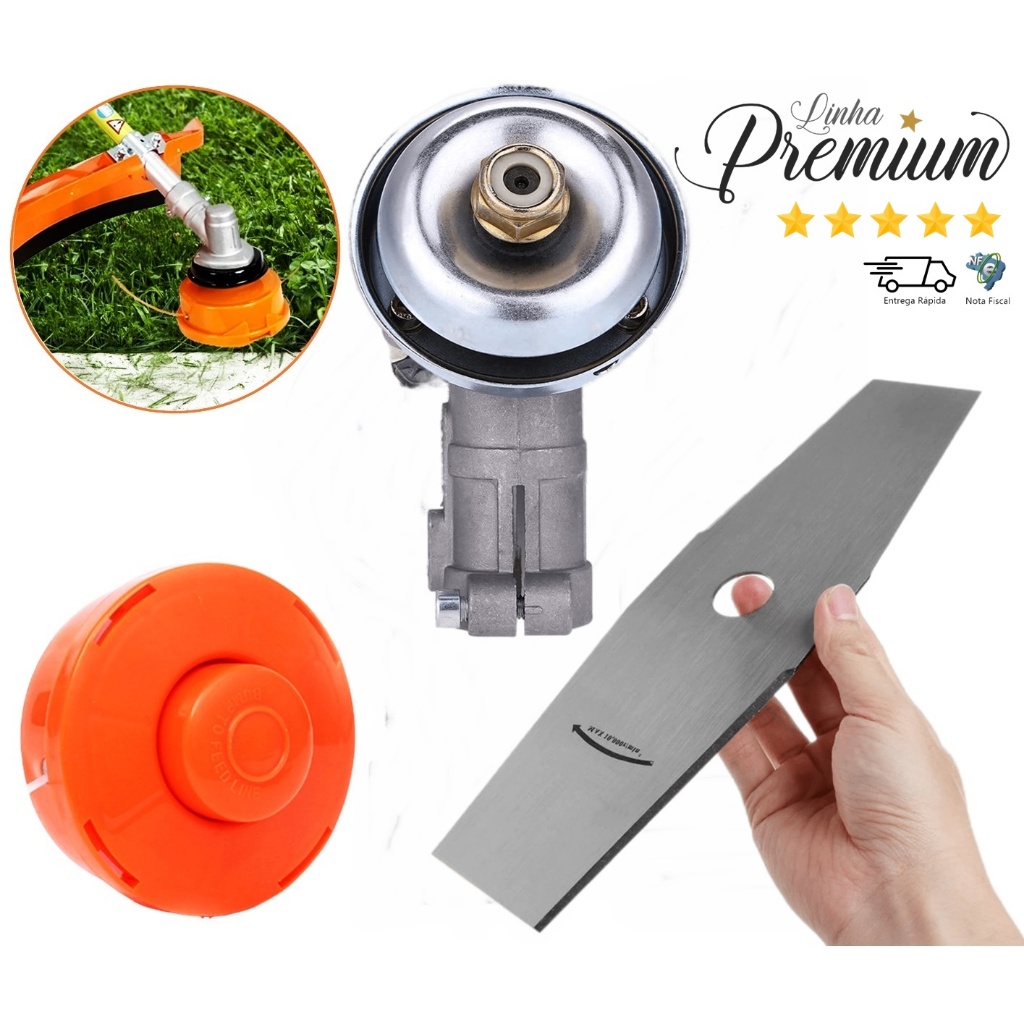 Ponteira Transmissão Para Roçadeira + Lâmina Facão + Carretel de Nylon Automático p/ Jardinagem