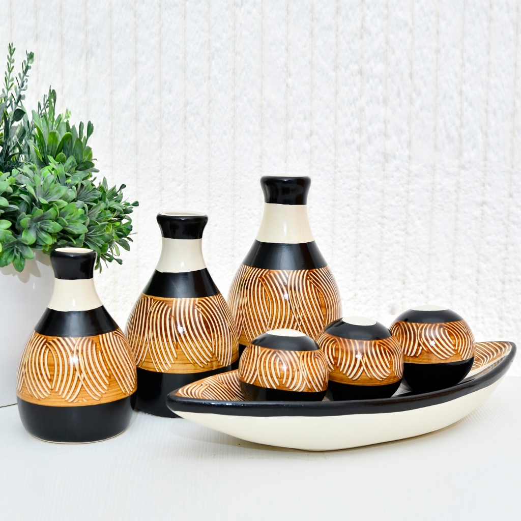 Kit 7 Peças Trio + Centro de mesa Vaso Grande Decorativo para Sala Conjunto Objeto Decorativo Cerâmica Decoração Enfeite Rack vasos centro d