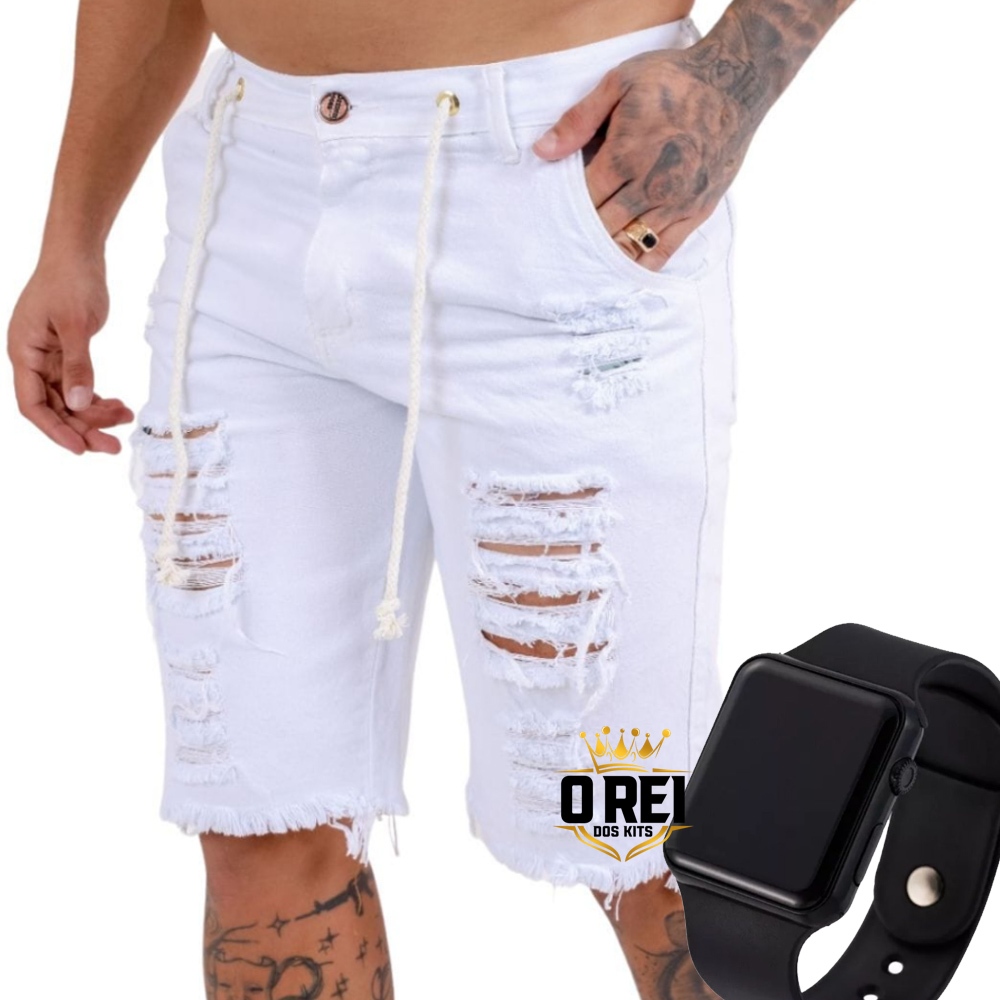 Bermuda Jeans Branca Rasgada Ano Novo + Relógio Digital Led Preto em Oferta na Shopee