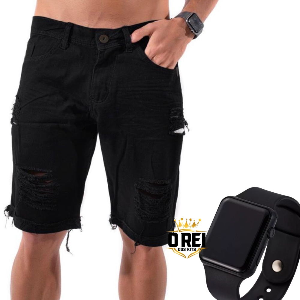 Bermuda Masculina Jeans Rasgada Preta Desfiada + Relógio Luz Led Esportivo Envio Hoje em Oferta na Shopee